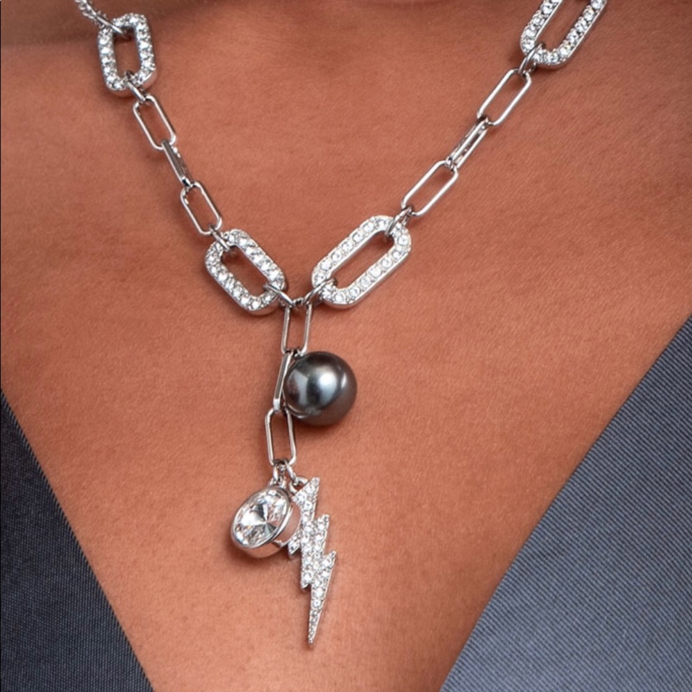 Touchstone Crystal by Swarovski BOLTED necklace w/ grey Pearl & white crystals